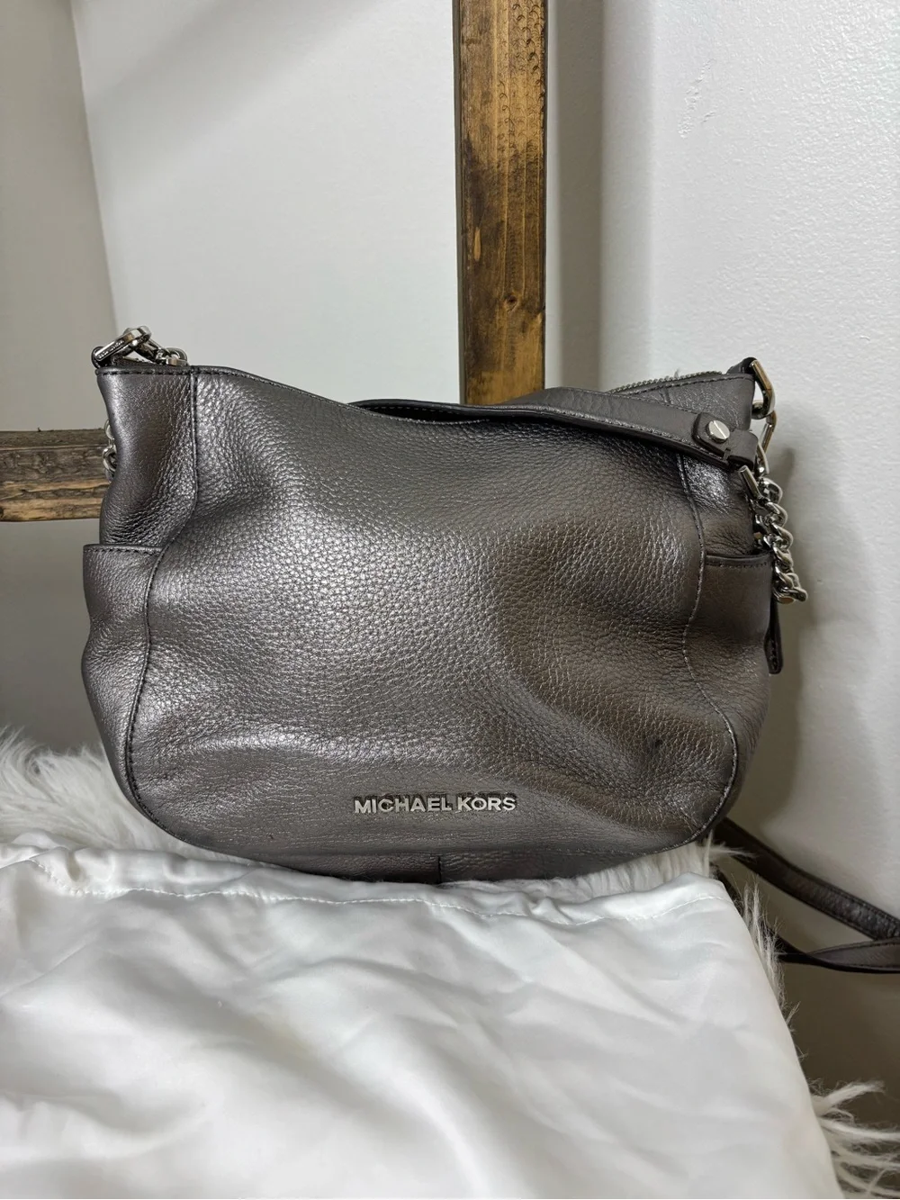 Michael Kors Metallic Pewter Pebbled Leather Hobo with Chain Strap